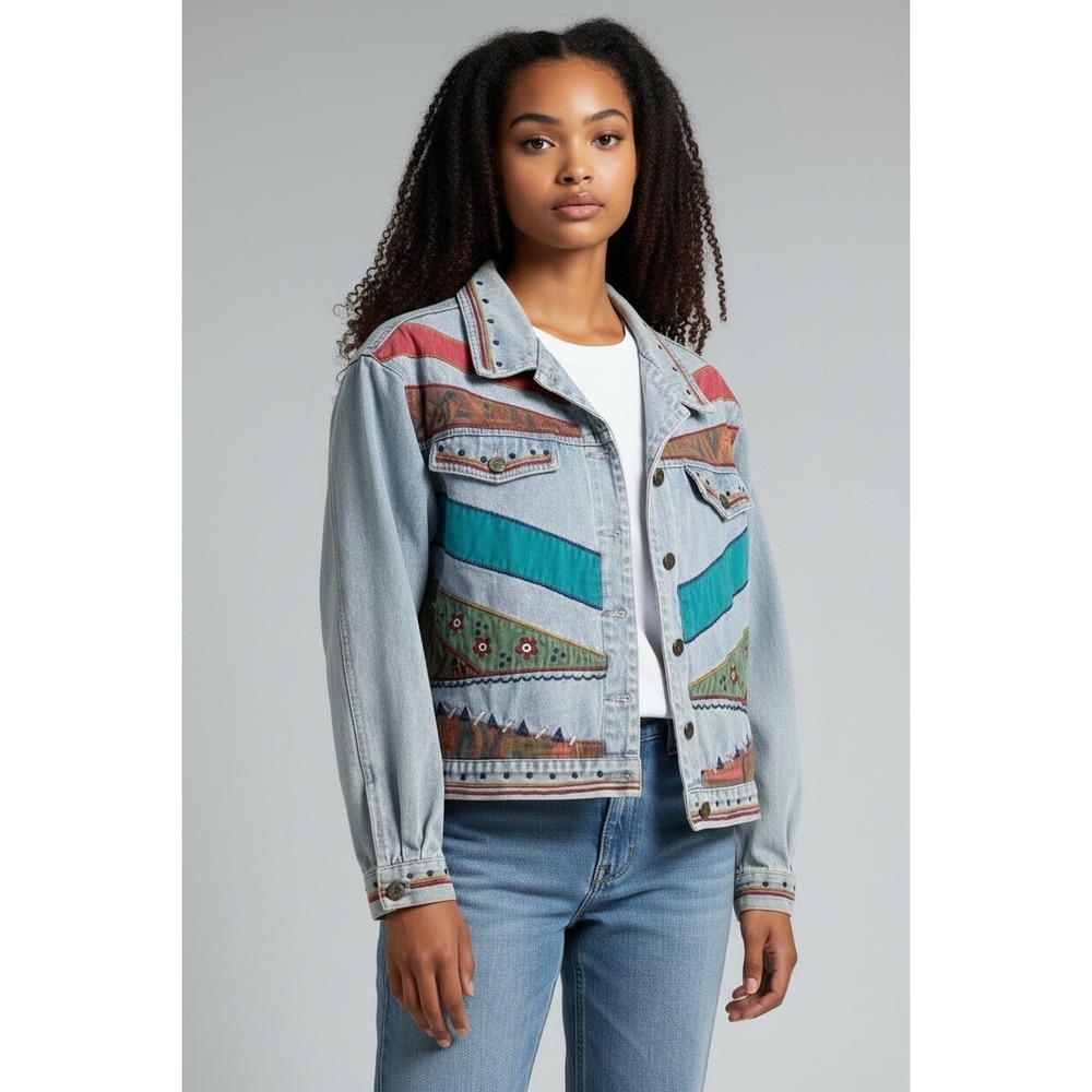Petite Sophisticate Denim Jacket Southwestern‎ Patchwork Embellished Size S